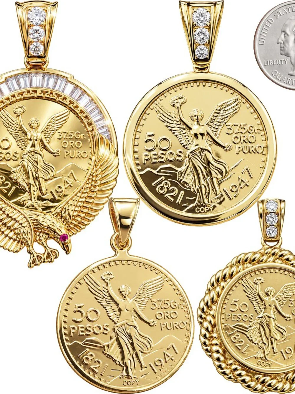 14k Yellow Gold Plated AAACubic Zirconia Mexican Centenario 50 Peso Coin Pendant